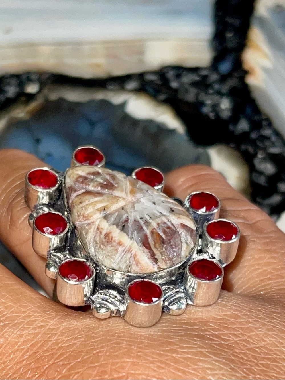 Carved Brown Jasper Ring Size 8 1/4 - Picture 8 of 12